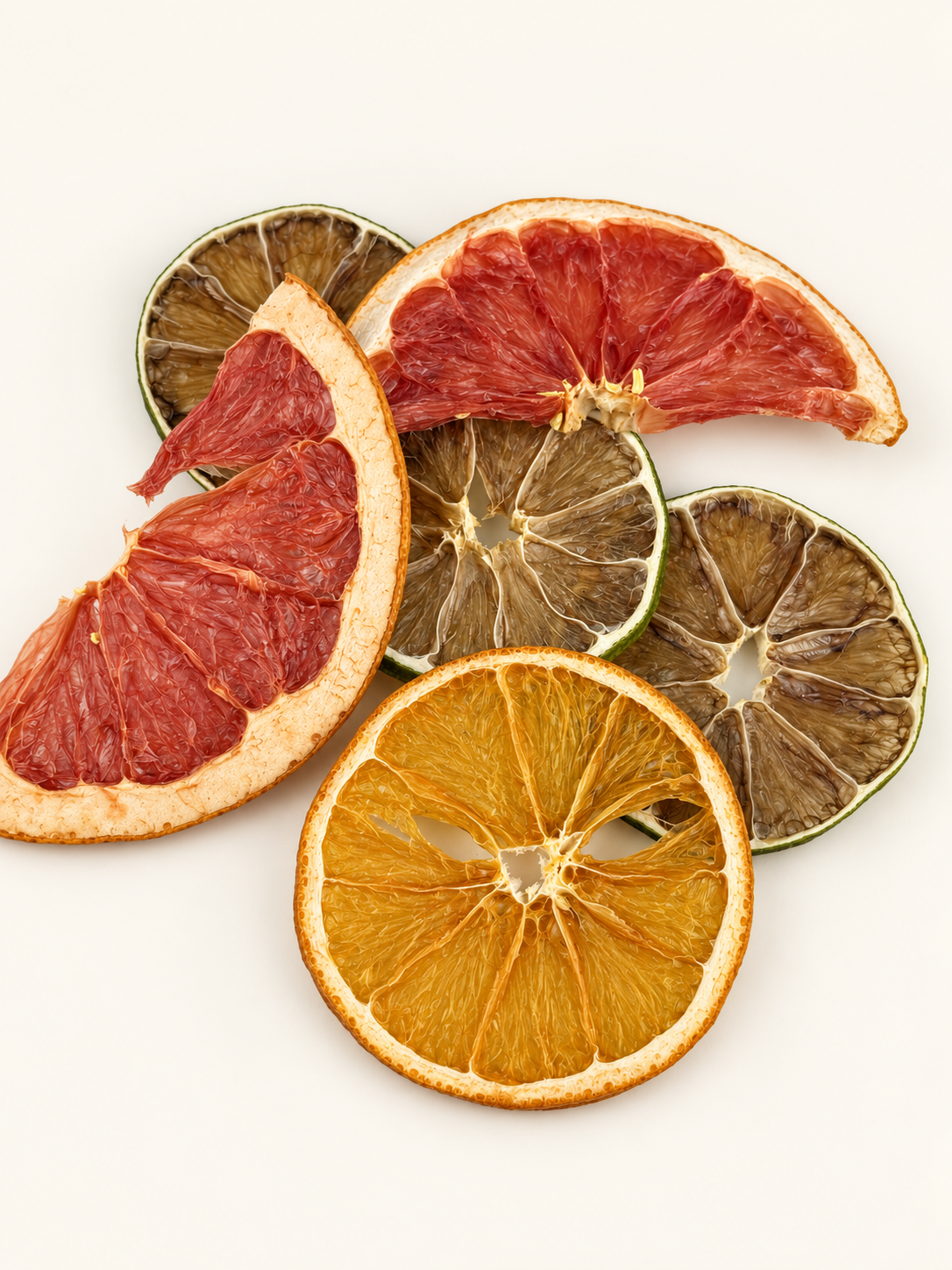 Rodajas de naranja y lima y piezas de pomelo deshidratado GARNIX sobre fondo claro